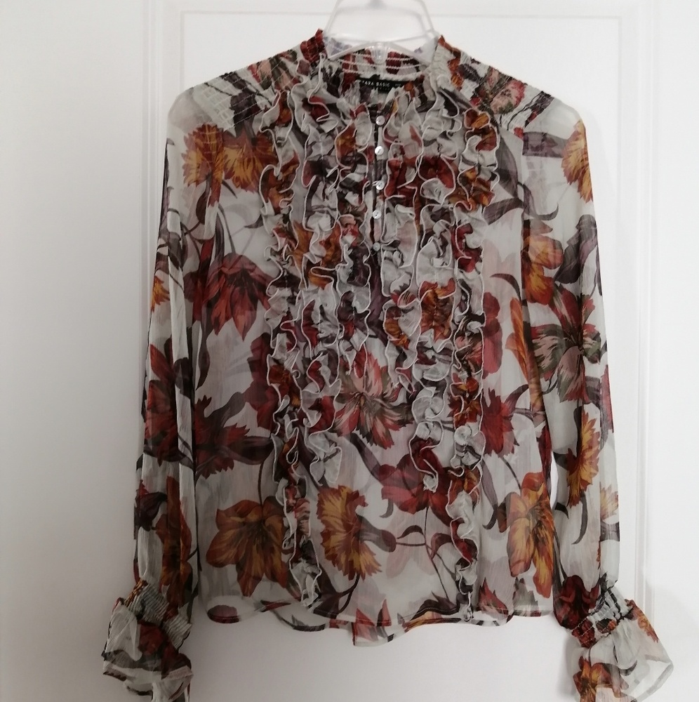 Zara Sheer Ruffled Floral Blouse